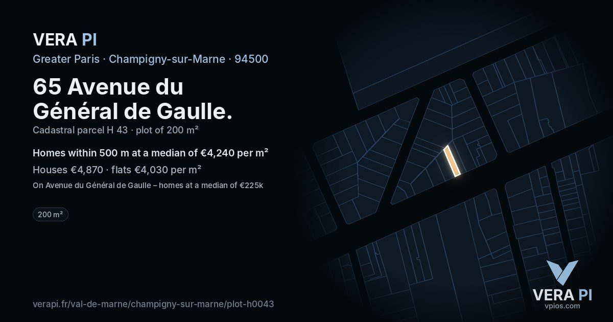 65 Avenue du Général de Gaulle, Champigny-sur-Marne at night – the plot lit, the parcels around coloured by the prices near them