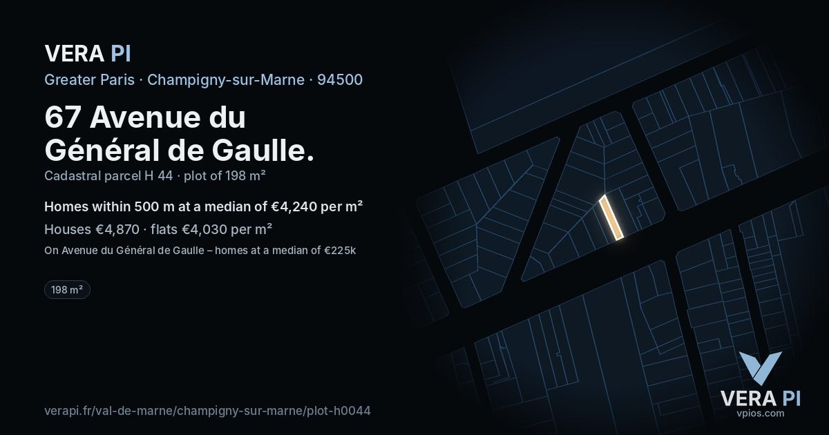 67 Avenue du Général de Gaulle, Champigny-sur-Marne at night – the plot lit, the parcels around coloured by the prices near them