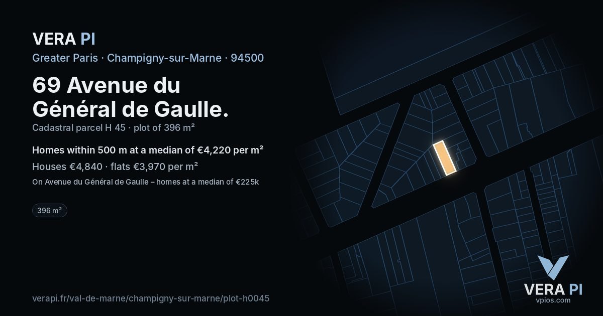 69 Avenue du Général de Gaulle, Champigny-sur-Marne at night – the plot lit, the parcels around coloured by the prices near them