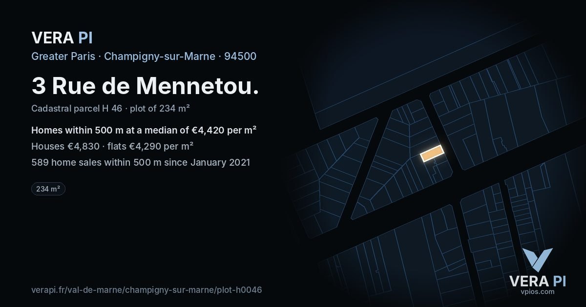 3 Rue de Mennetou, Champigny-sur-Marne at night – the plot lit, the parcels around coloured by the prices near them