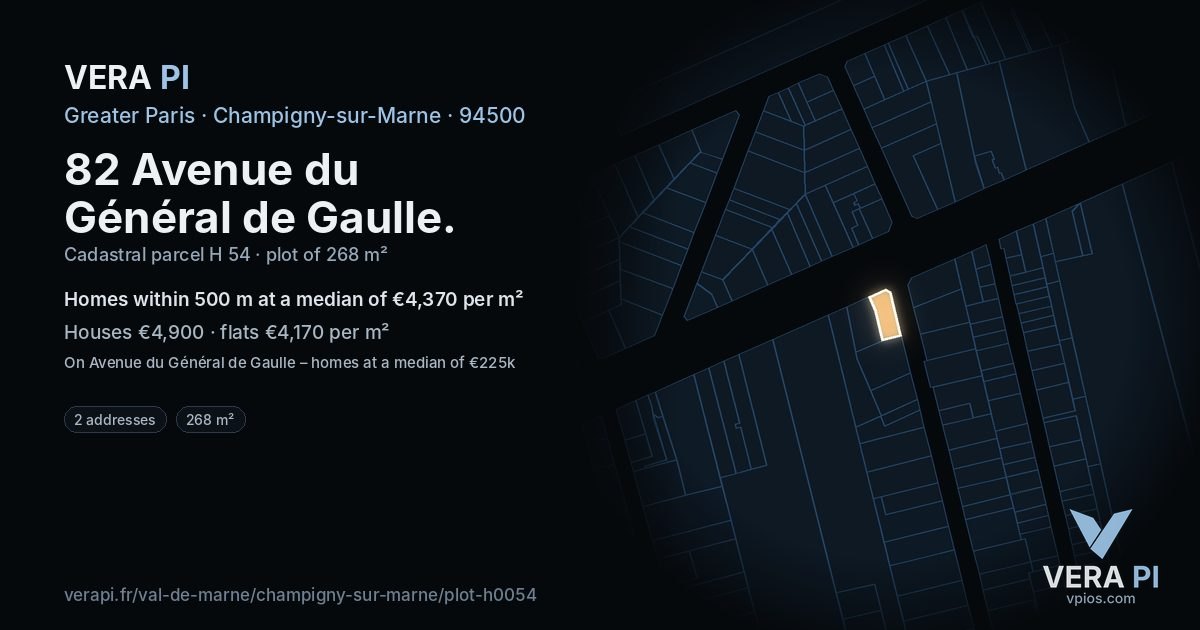 82 Avenue du Général de Gaulle, Champigny-sur-Marne at night – the plot lit, the parcels around coloured by the prices near them