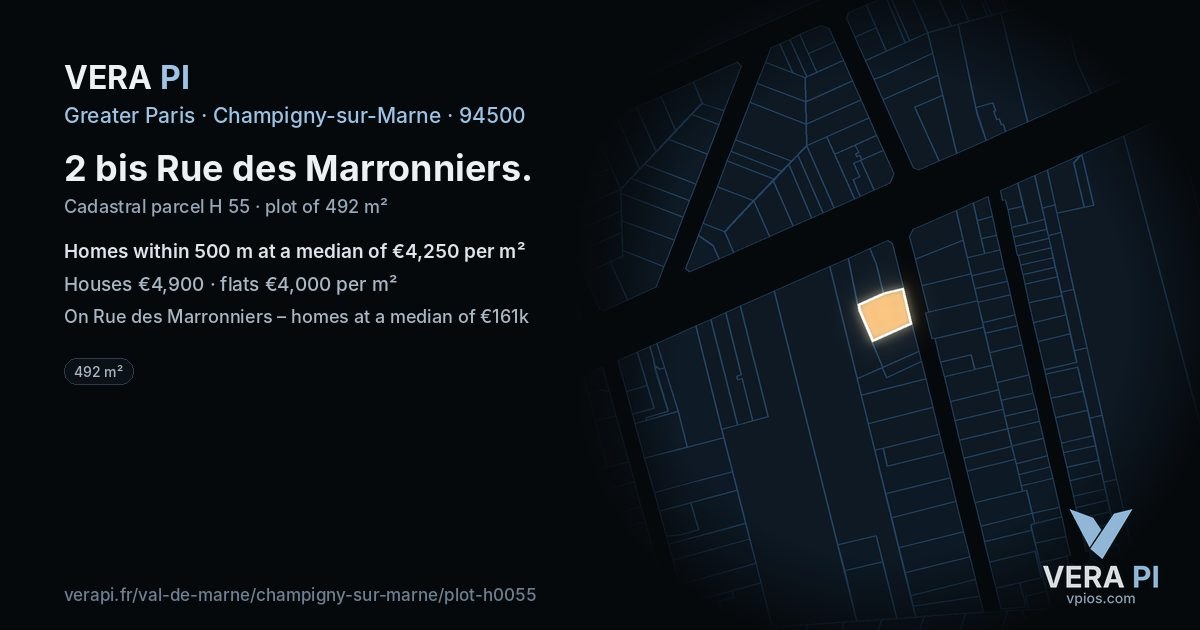 2 bis Rue des Marronniers, Champigny-sur-Marne at night – the plot lit, the parcels around coloured by the prices near them