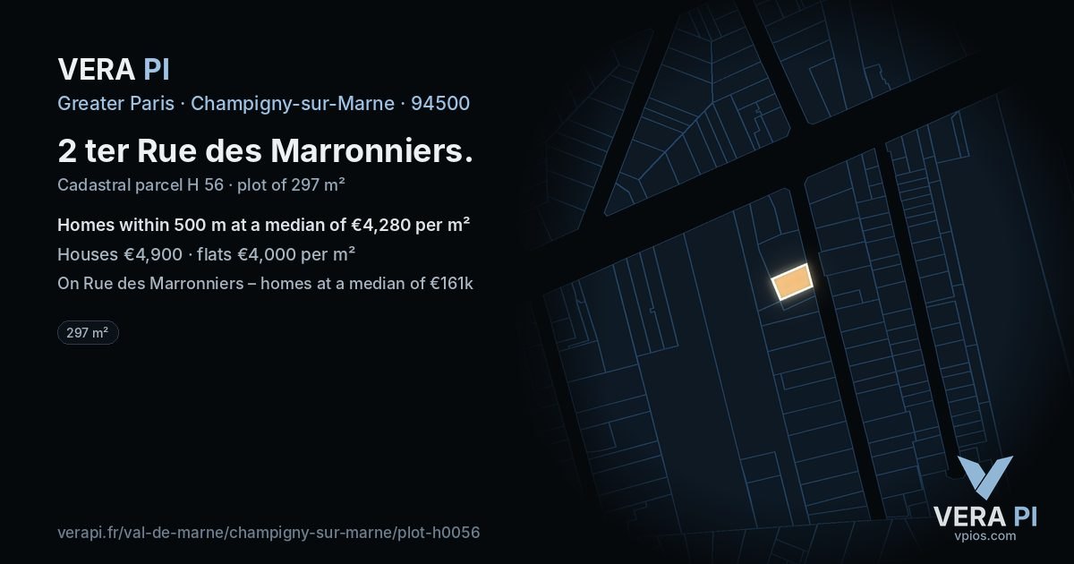 2 ter Rue des Marronniers, Champigny-sur-Marne at night – the plot lit, the parcels around coloured by the prices near them