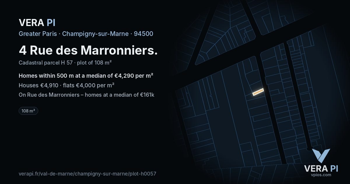 4 Rue des Marronniers, Champigny-sur-Marne at night – the plot lit, the parcels around coloured by the prices near them