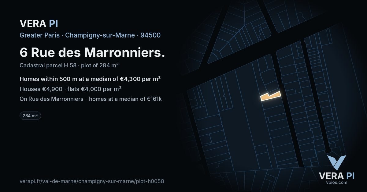 6 Rue des Marronniers, Champigny-sur-Marne at night – the plot lit, the parcels around coloured by the prices near them