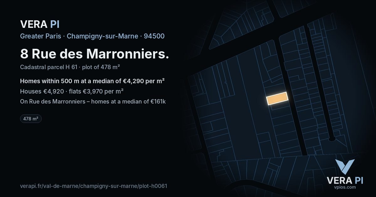 8 Rue des Marronniers, Champigny-sur-Marne at night – the plot lit, the parcels around coloured by the prices near them