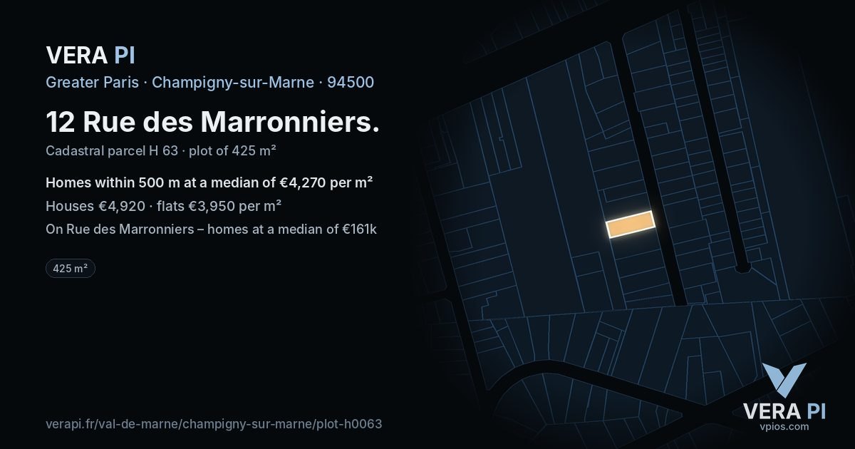 12 Rue des Marronniers, Champigny-sur-Marne at night – the plot lit, the parcels around coloured by the prices near them
