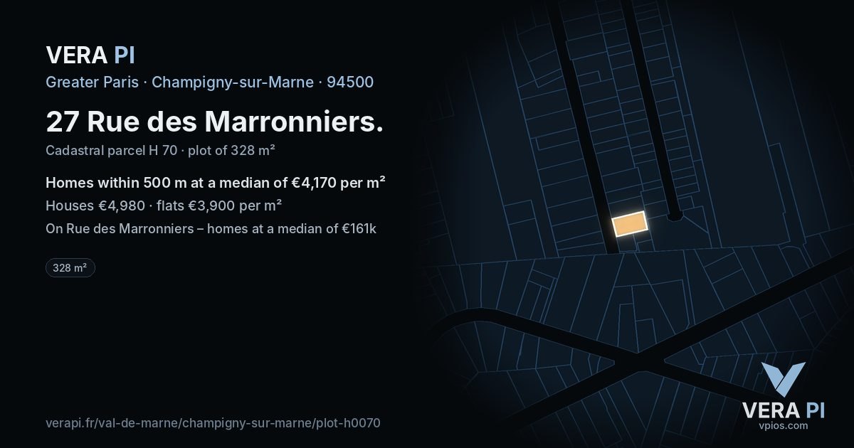 27 Rue des Marronniers, Champigny-sur-Marne at night – the plot lit, the parcels around coloured by the prices near them
