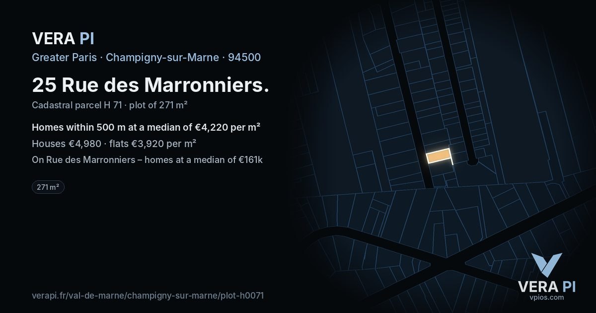 25 Rue des Marronniers, Champigny-sur-Marne at night – the plot lit, the parcels around coloured by the prices near them