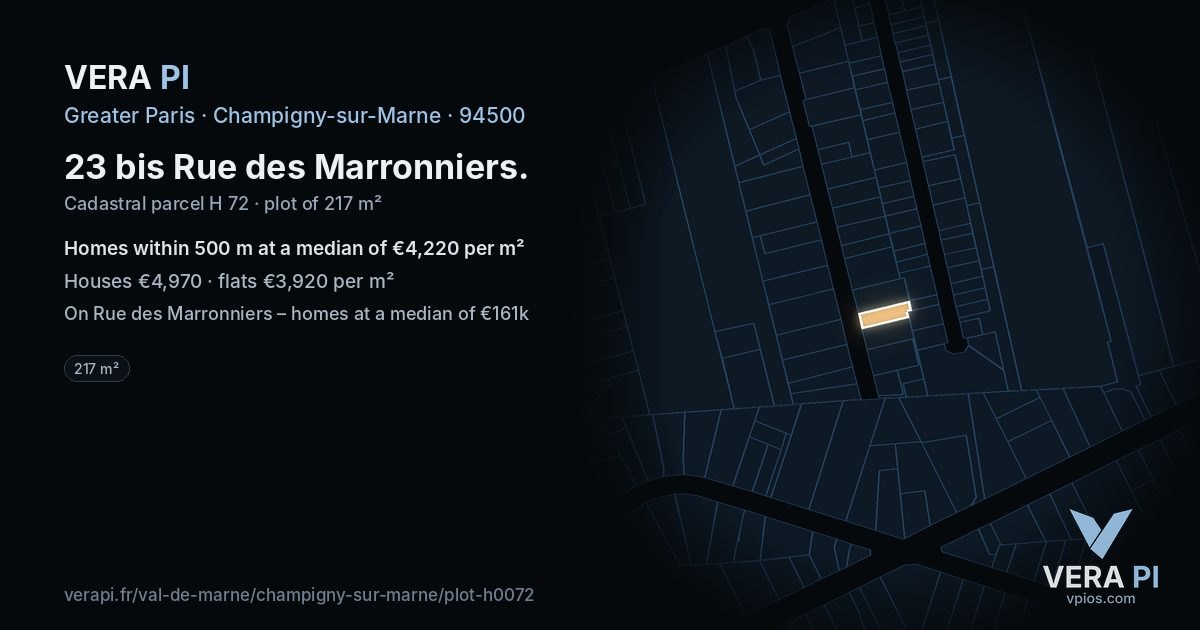 23 bis Rue des Marronniers, Champigny-sur-Marne at night – the plot lit, the parcels around coloured by the prices near them