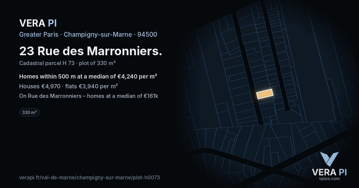 23 Rue des Marronniers, Champigny-sur-Marne at night – the plot lit, the parcels around coloured by the prices near them