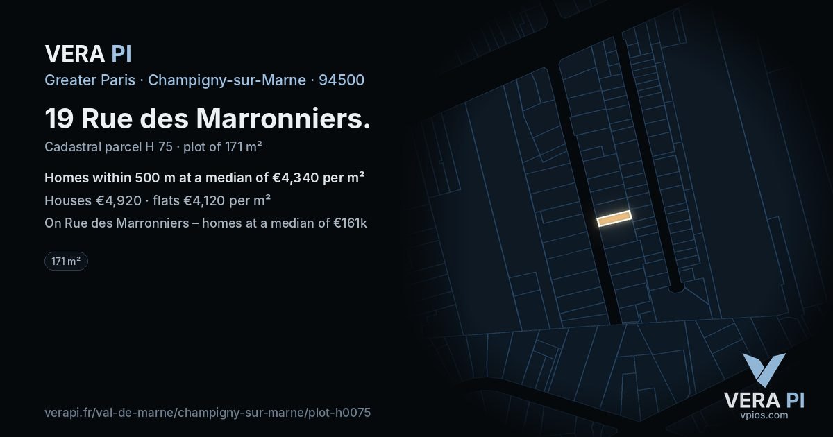 19 Rue des Marronniers, Champigny-sur-Marne at night – the plot lit, the parcels around coloured by the prices near them