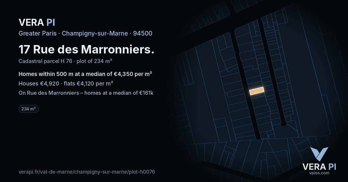 17 Rue des Marronniers, Champigny-sur-Marne at night – the plot lit, the parcels around coloured by the prices near them