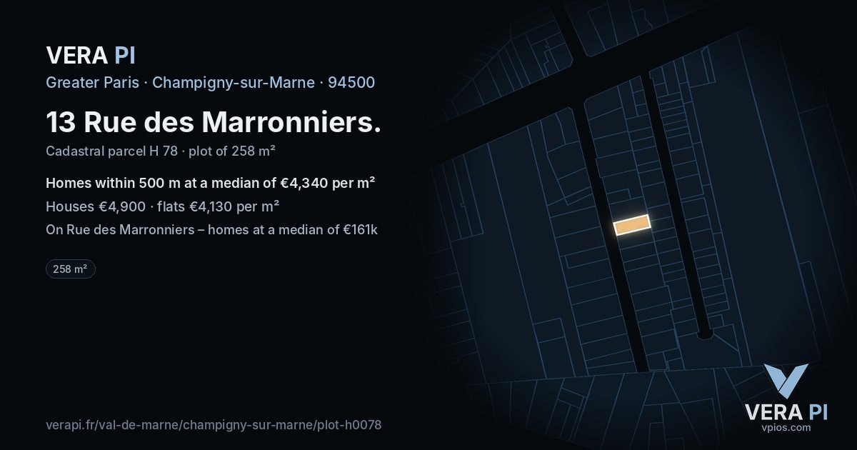 13 Rue des Marronniers, Champigny-sur-Marne at night – the plot lit, the parcels around coloured by the prices near them