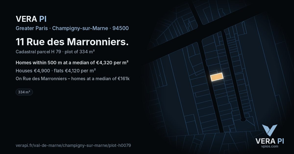 11 Rue des Marronniers, Champigny-sur-Marne at night – the plot lit, the parcels around coloured by the prices near them