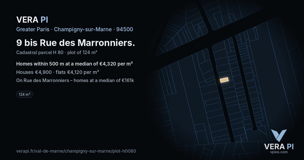 9 bis Rue des Marronniers, Champigny-sur-Marne at night – the plot lit, the parcels around coloured by the prices near them