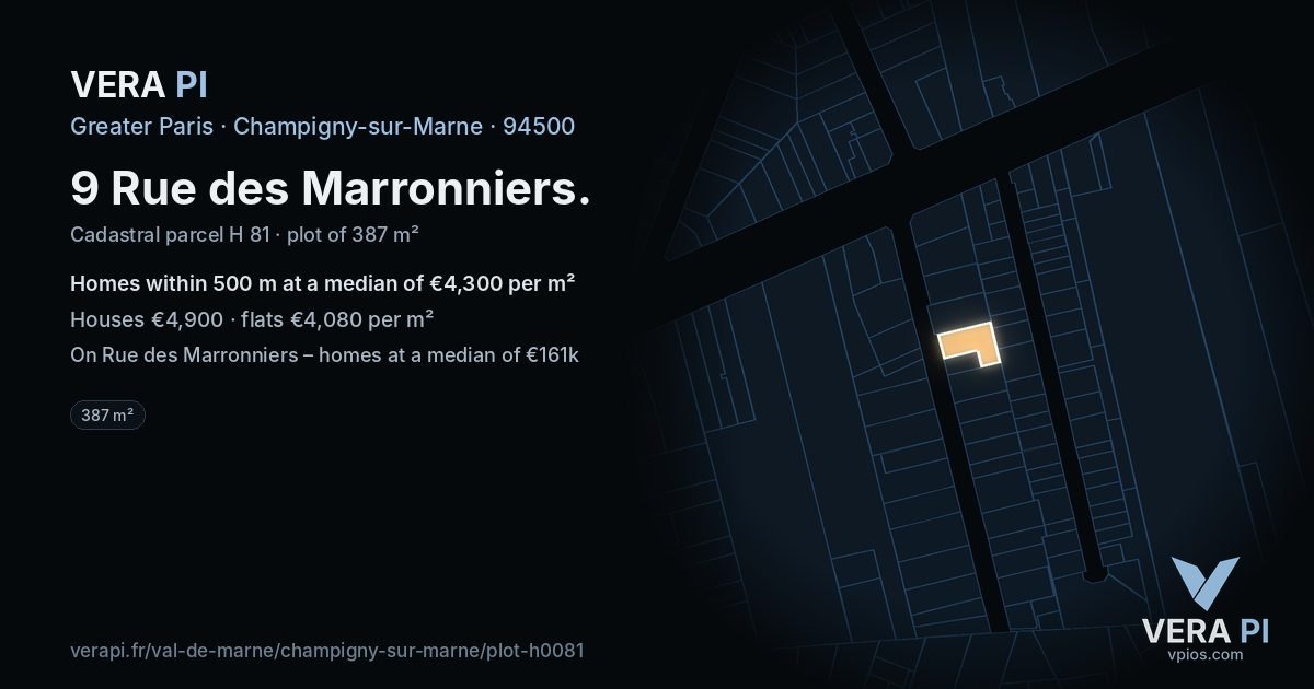9 Rue des Marronniers, Champigny-sur-Marne at night – the plot lit, the parcels around coloured by the prices near them