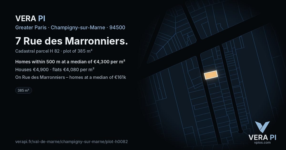 7 Rue des Marronniers, Champigny-sur-Marne at night – the plot lit, the parcels around coloured by the prices near them
