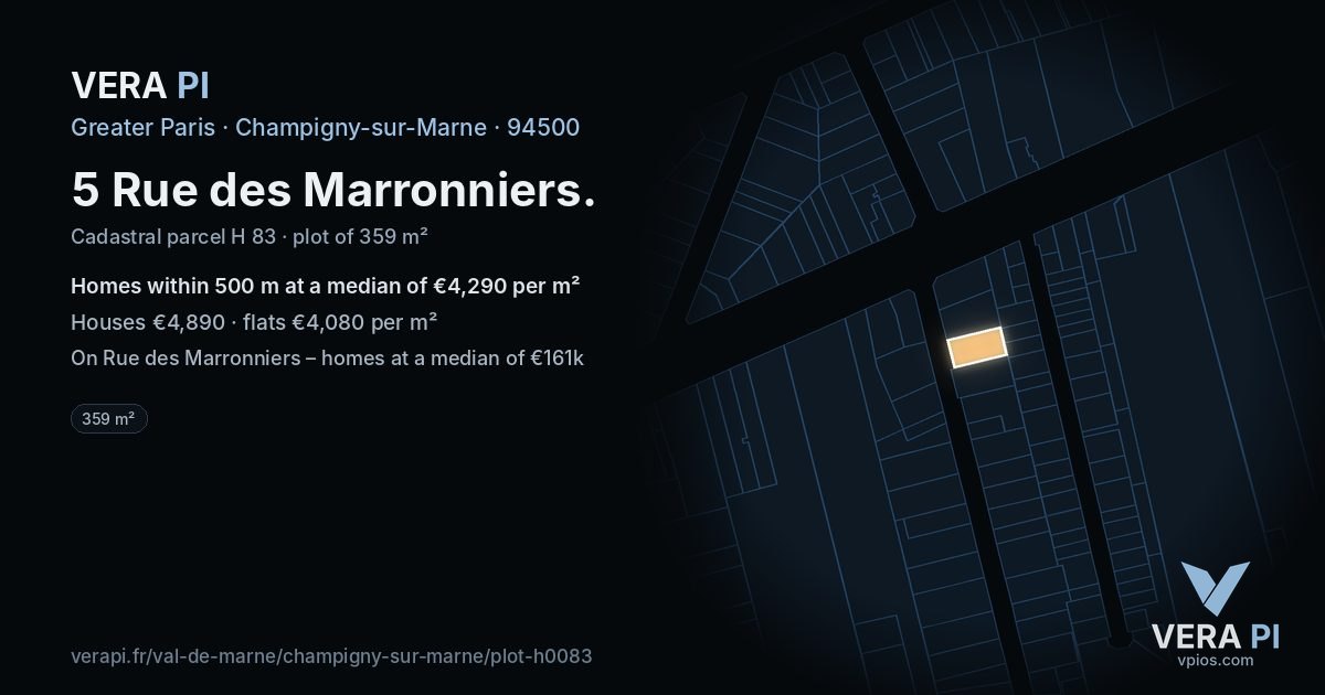 5 Rue des Marronniers, Champigny-sur-Marne at night – the plot lit, the parcels around coloured by the prices near them