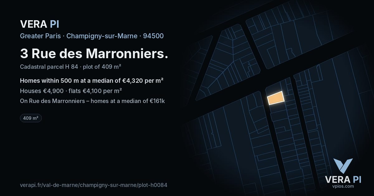 3 Rue des Marronniers, Champigny-sur-Marne at night – the plot lit, the parcels around coloured by the prices near them