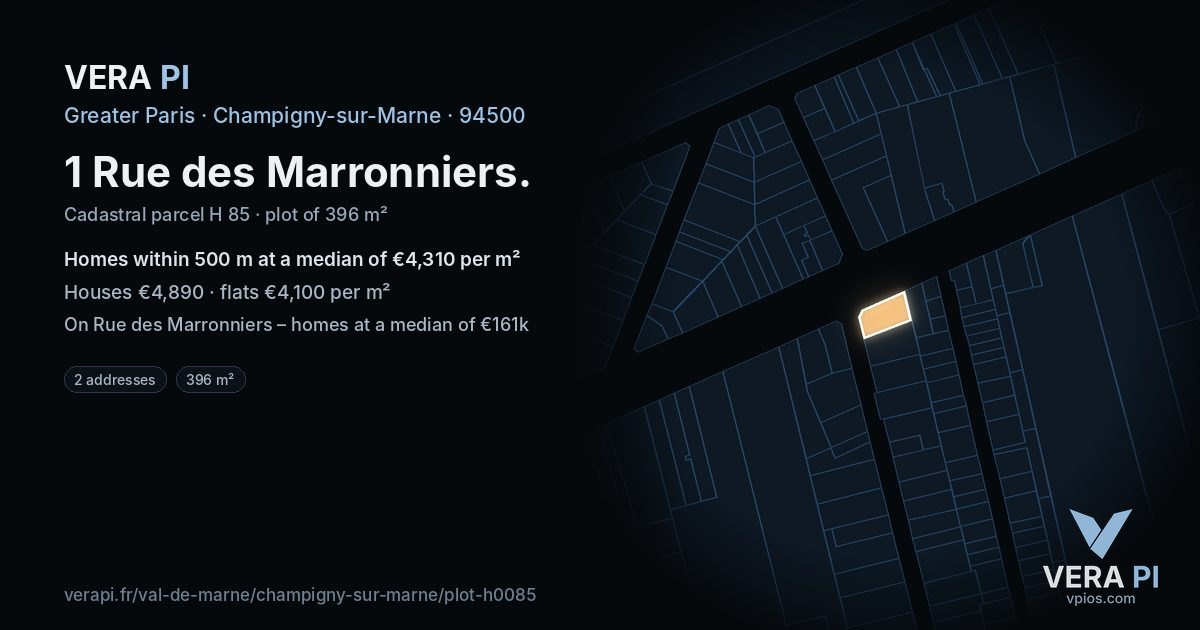 1 Rue des Marronniers, Champigny-sur-Marne at night – the plot lit, the parcels around coloured by the prices near them