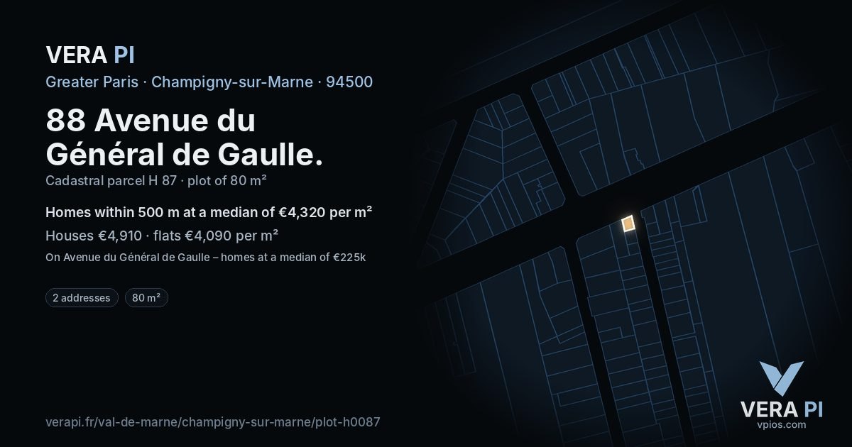 88 Avenue du Général de Gaulle, Champigny-sur-Marne at night – the plot lit, the parcels around coloured by the prices near them