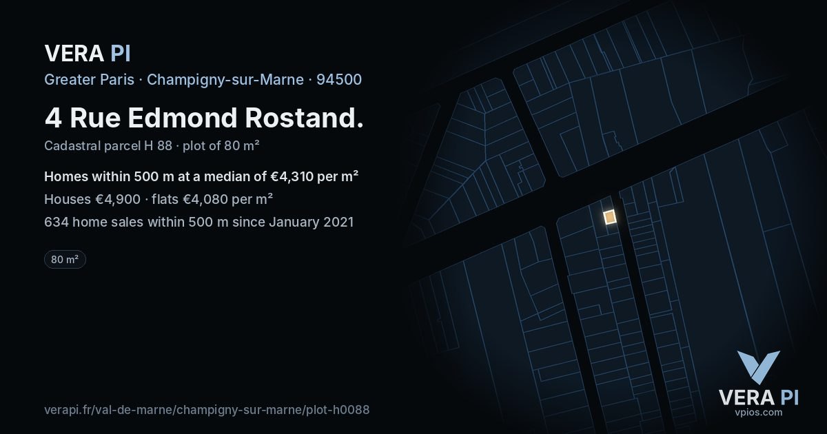 4 Rue Edmond Rostand, Champigny-sur-Marne at night – the plot lit, the parcels around coloured by the prices near them