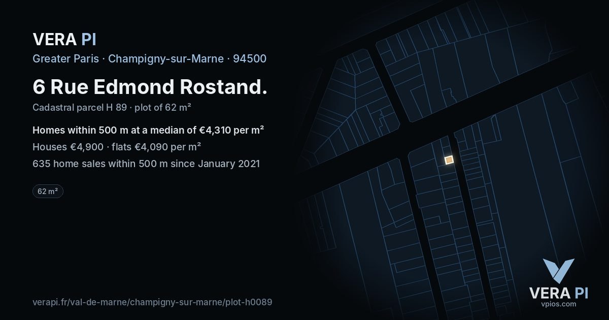 6 Rue Edmond Rostand, Champigny-sur-Marne at night – the plot lit, the parcels around coloured by the prices near them