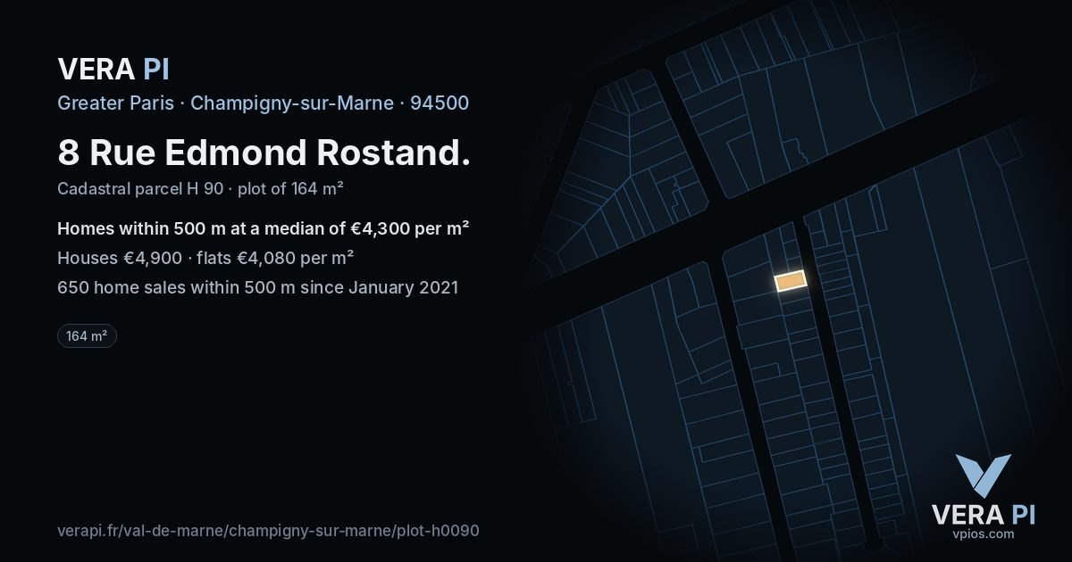 8 Rue Edmond Rostand, Champigny-sur-Marne at night – the plot lit, the parcels around coloured by the prices near them