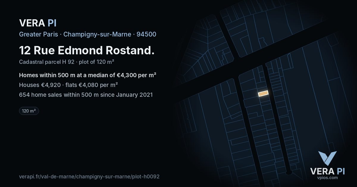 12 Rue Edmond Rostand, Champigny-sur-Marne at night – the plot lit, the parcels around coloured by the prices near them
