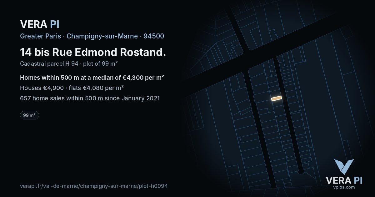 14 bis Rue Edmond Rostand, Champigny-sur-Marne at night – the plot lit, the parcels around coloured by the prices near them