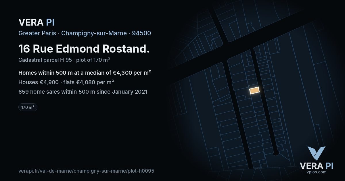 16 Rue Edmond Rostand, Champigny-sur-Marne at night – the plot lit, the parcels around coloured by the prices near them
