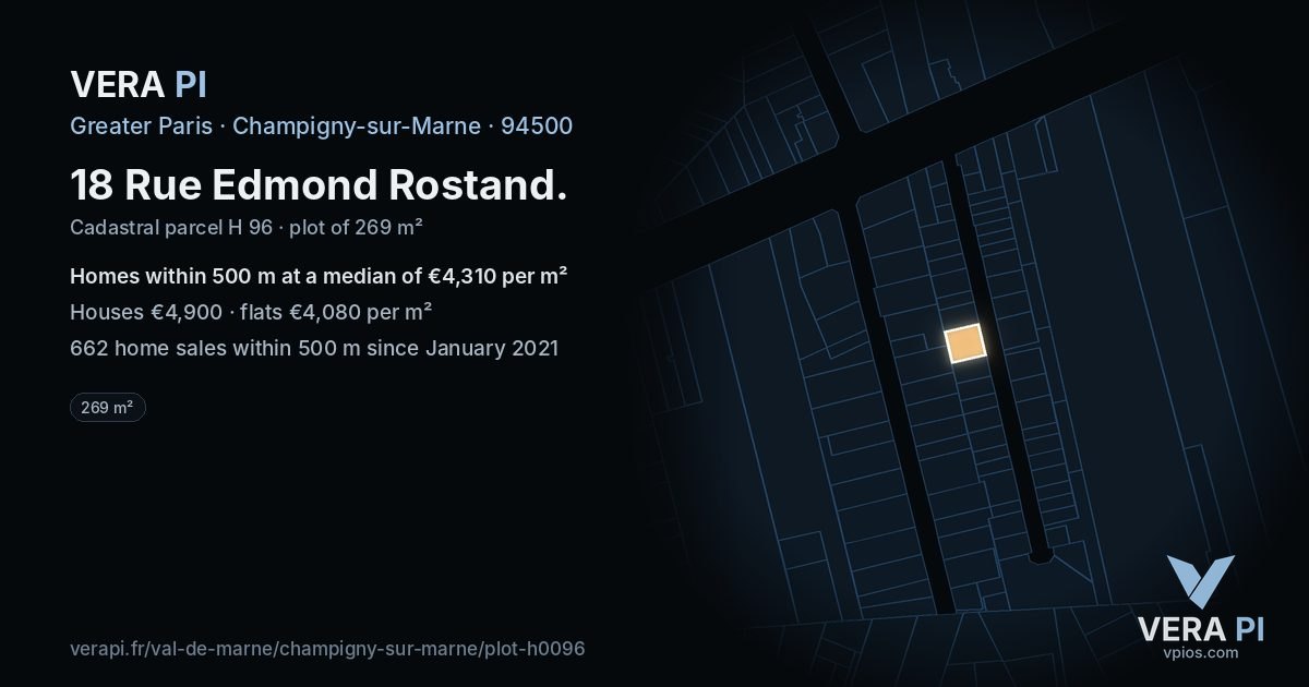 18 Rue Edmond Rostand, Champigny-sur-Marne at night – the plot lit, the parcels around coloured by the prices near them