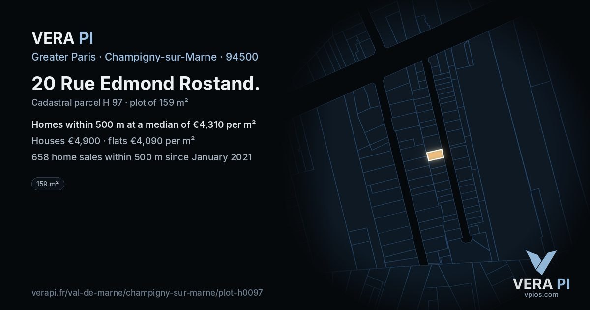 20 Rue Edmond Rostand, Champigny-sur-Marne at night – the plot lit, the parcels around coloured by the prices near them
