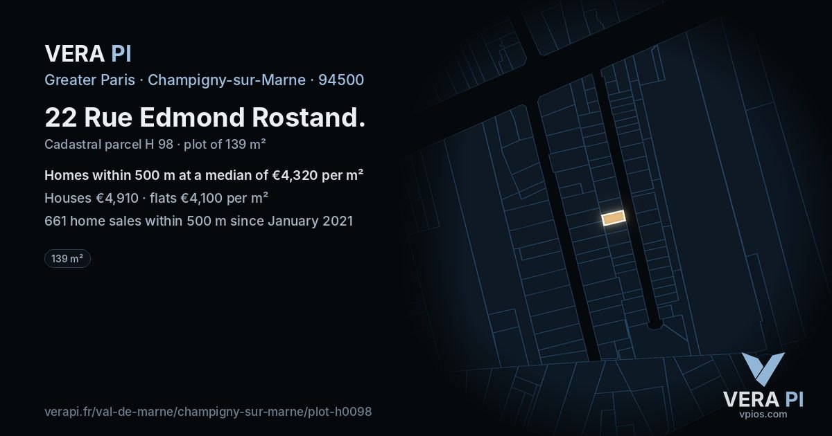22 Rue Edmond Rostand, Champigny-sur-Marne at night – the plot lit, the parcels around coloured by the prices near them