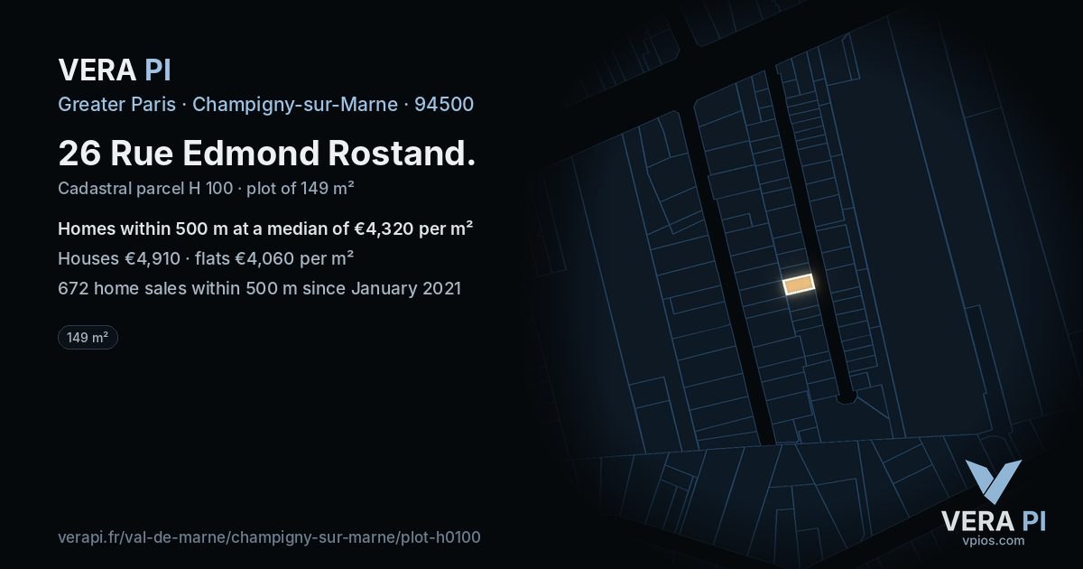 26 Rue Edmond Rostand, Champigny-sur-Marne at night – the plot lit, the parcels around coloured by the prices near them