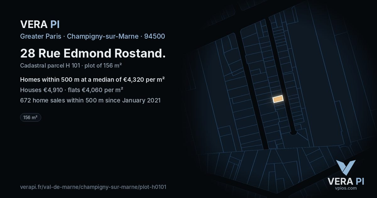 28 Rue Edmond Rostand, Champigny-sur-Marne at night – the plot lit, the parcels around coloured by the prices near them