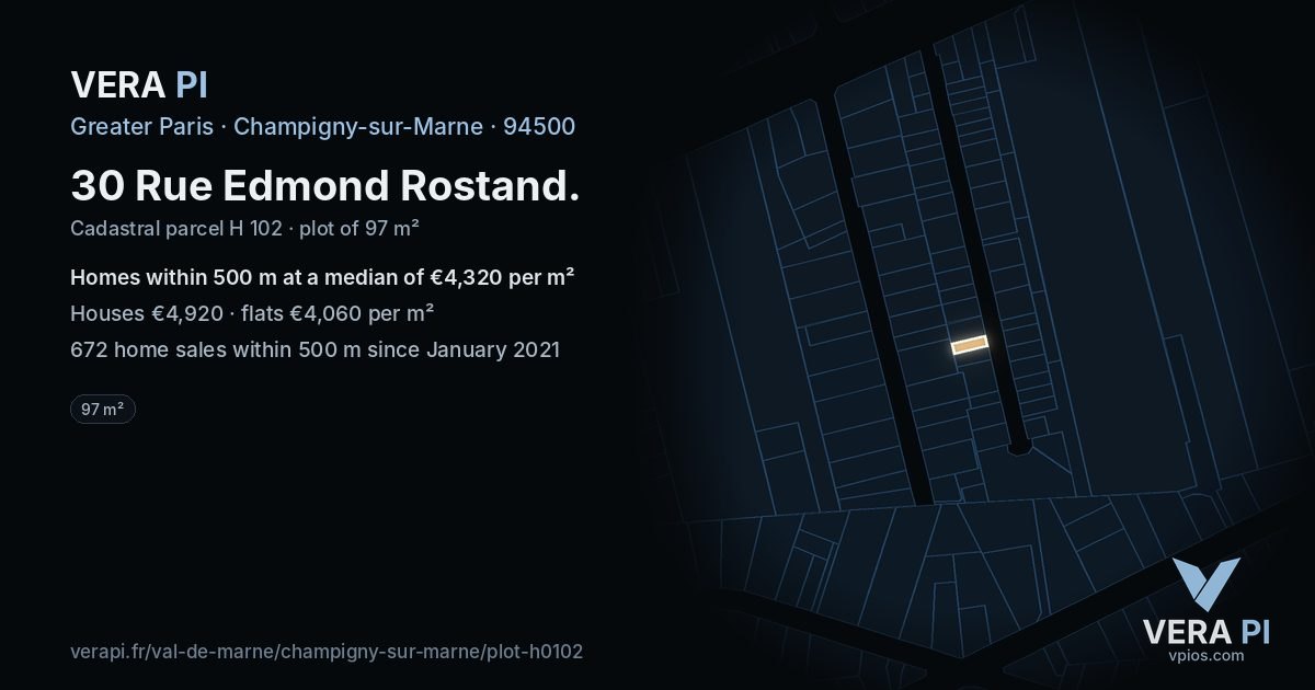30 Rue Edmond Rostand, Champigny-sur-Marne at night – the plot lit, the parcels around coloured by the prices near them