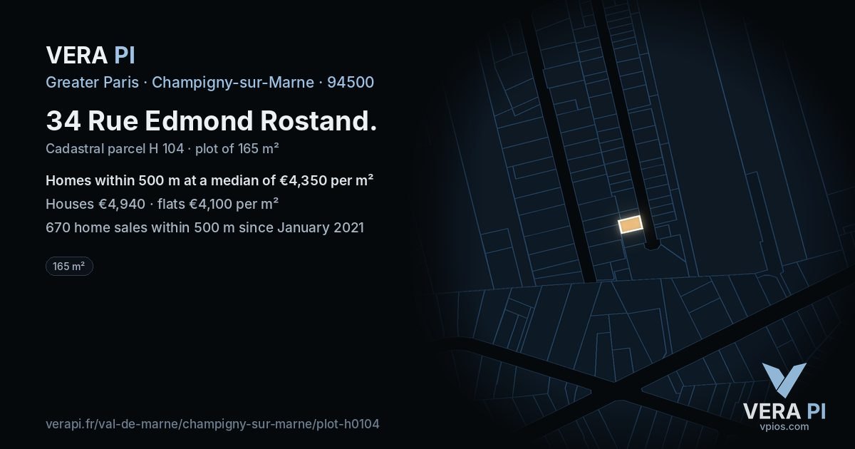 34 Rue Edmond Rostand, Champigny-sur-Marne at night – the plot lit, the parcels around coloured by the prices near them
