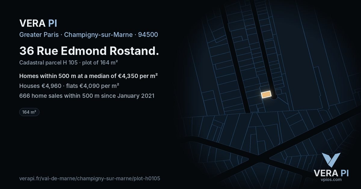 36 Rue Edmond Rostand, Champigny-sur-Marne at night – the plot lit, the parcels around coloured by the prices near them