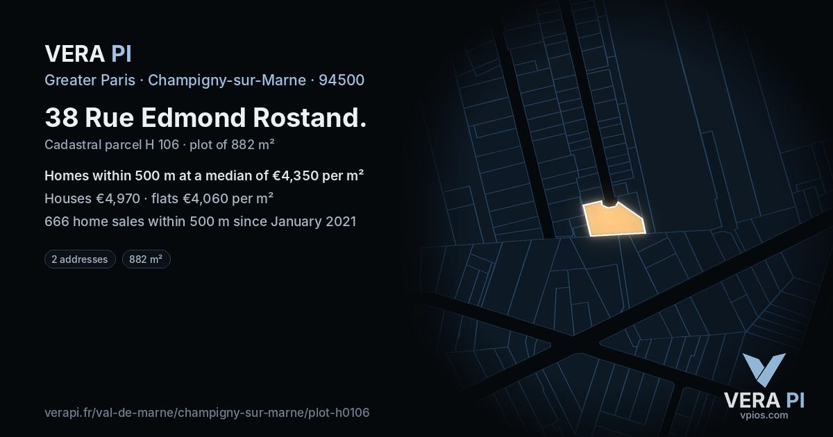 38 Rue Edmond Rostand, Champigny-sur-Marne at night – the plot lit, the parcels around coloured by the prices near them