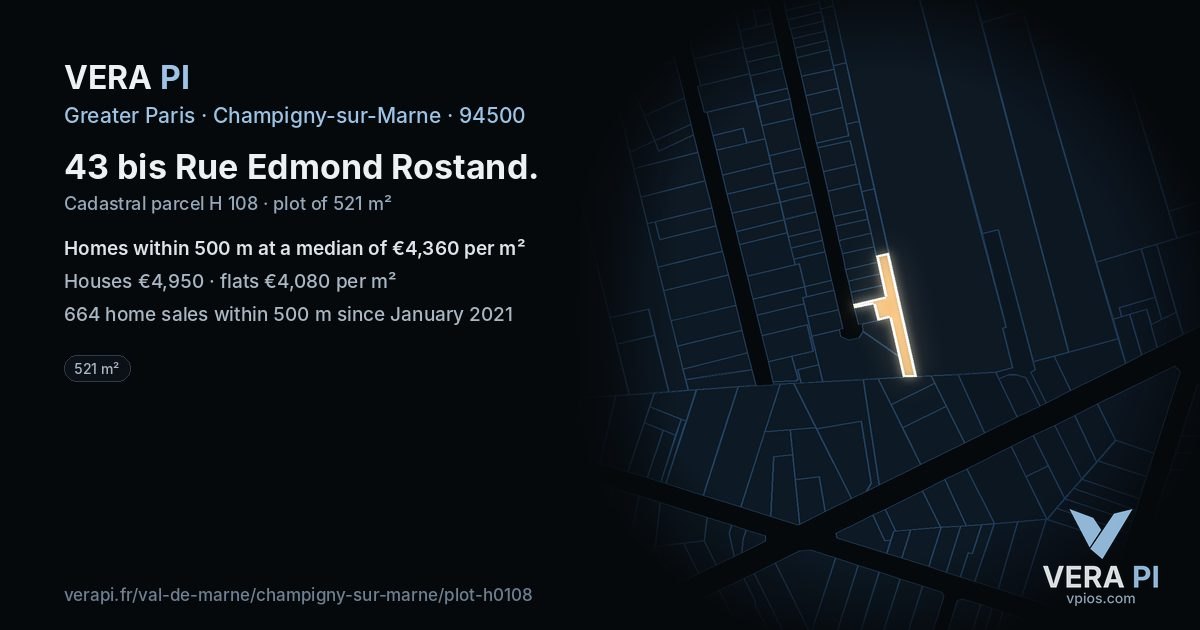 43 bis Rue Edmond Rostand, Champigny-sur-Marne at night – the plot lit, the parcels around coloured by the prices near them