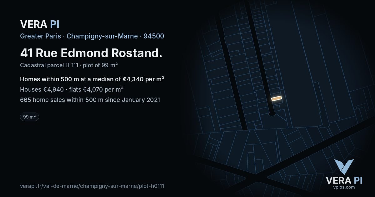 41 Rue Edmond Rostand, Champigny-sur-Marne at night – the plot lit, the parcels around coloured by the prices near them