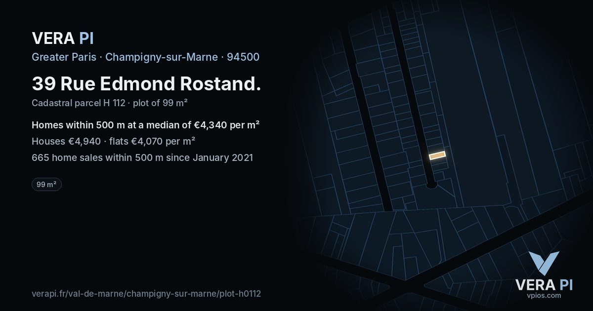 39 Rue Edmond Rostand, Champigny-sur-Marne at night – the plot lit, the parcels around coloured by the prices near them