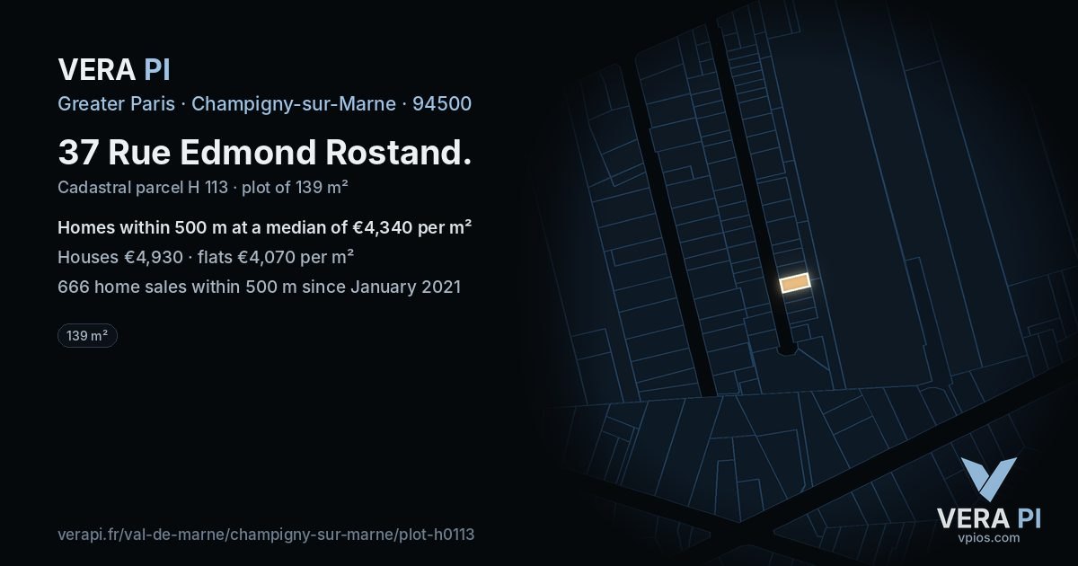 37 Rue Edmond Rostand, Champigny-sur-Marne at night – the plot lit, the parcels around coloured by the prices near them