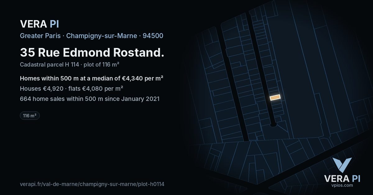 35 Rue Edmond Rostand, Champigny-sur-Marne at night – the plot lit, the parcels around coloured by the prices near them