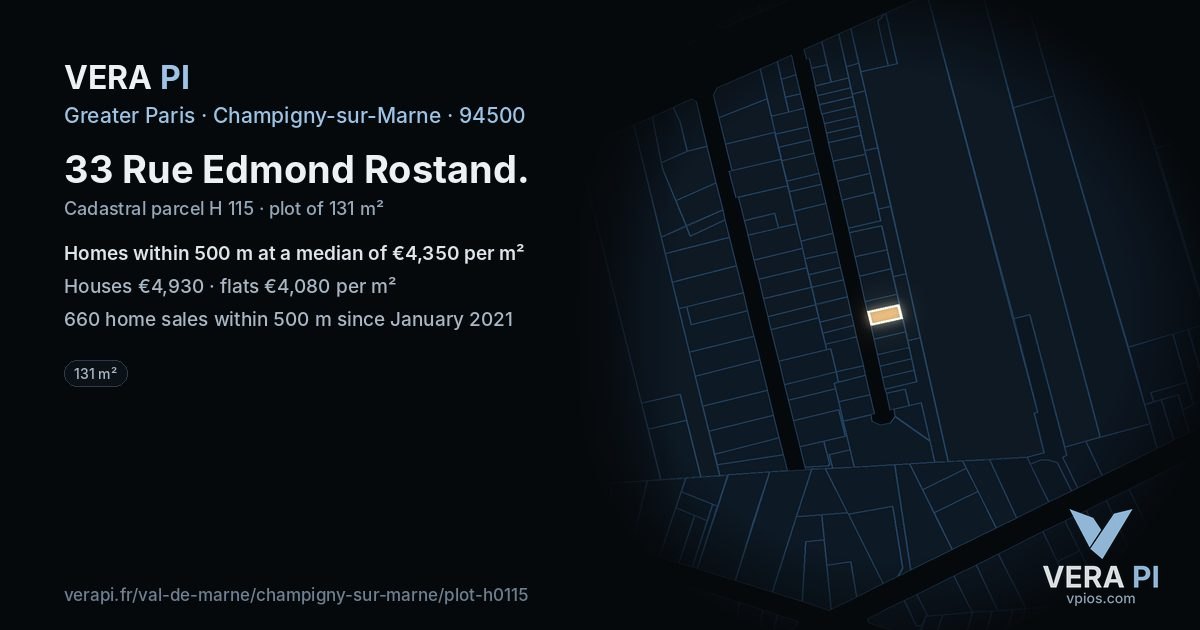33 Rue Edmond Rostand, Champigny-sur-Marne at night – the plot lit, the parcels around coloured by the prices near them