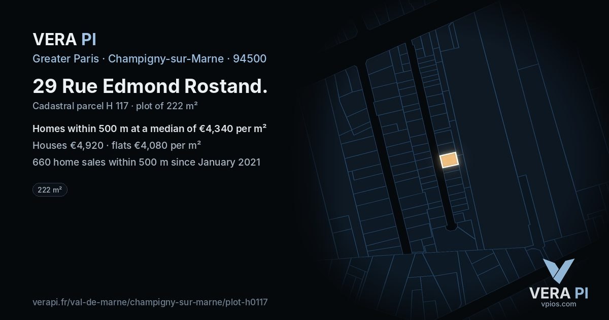29 Rue Edmond Rostand, Champigny-sur-Marne at night – the plot lit, the parcels around coloured by the prices near them