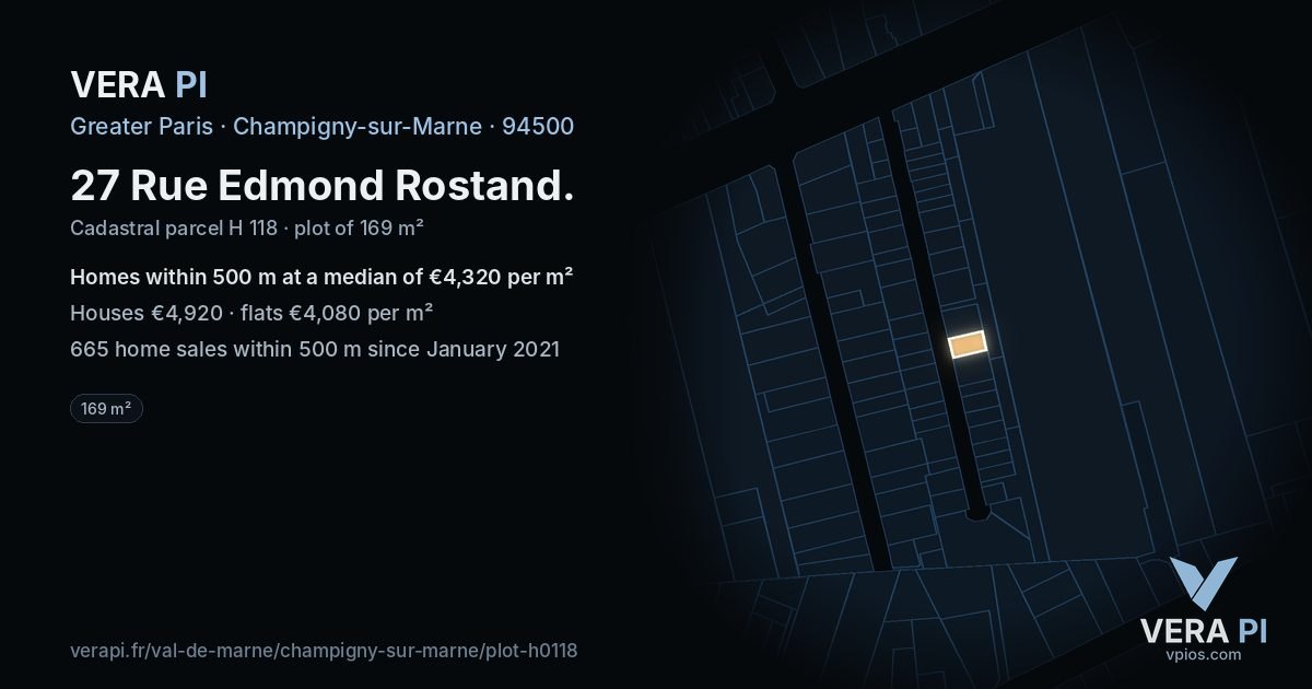 27 Rue Edmond Rostand, Champigny-sur-Marne at night – the plot lit, the parcels around coloured by the prices near them
