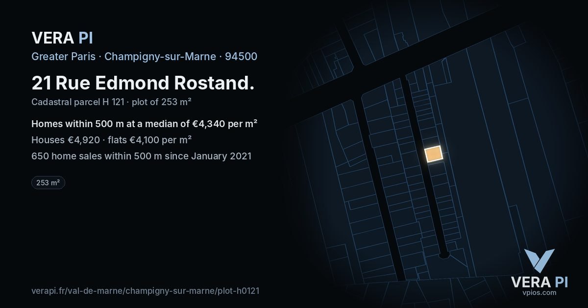 21 Rue Edmond Rostand, Champigny-sur-Marne at night – the plot lit, the parcels around coloured by the prices near them